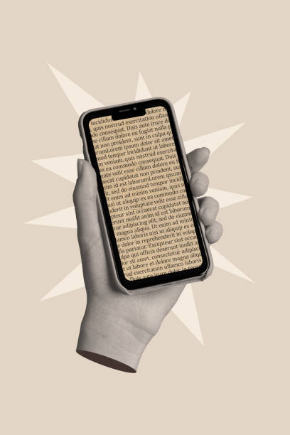Creative template graphics collage image of arm reading ebook apple samsung iphone modern gadget isolated grey beige color background