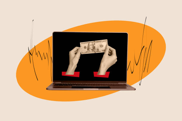 istock Creative collage image of netbook screen arms hold dollar bill banknote isolated on beige painted background 2185355701