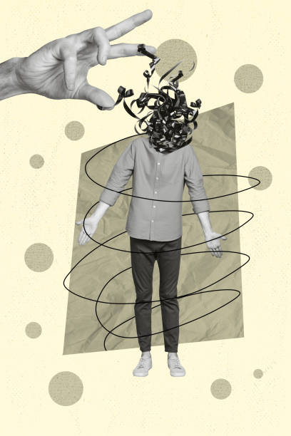 istock Vertical collage image of big black white effect arm fingers tied cassette tape instead mini clueless guy head isolated on creative background 2185355728