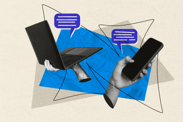 istock Composite collage of two black white effect arms hold smart phone netbook communicate dialogue message bubble isolated on painted background 2185355767