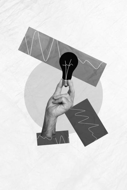 istock Vertical collage picture of black white colors arm fingers hold light bulb creative idea geometric figures isolated on paper background 2185355778
