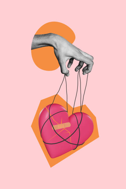 istock Vertical template collage of human hands fingers manipulation strings heart symbol marionette feelings isolated on pink color background 2185355876