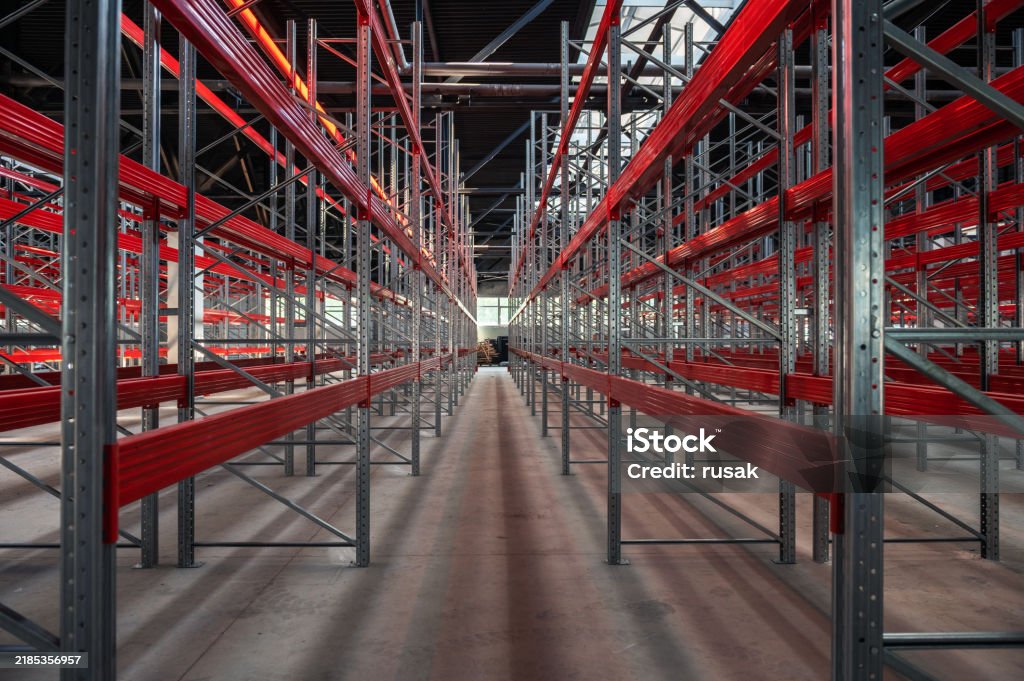 Warehouse With Empty High Pallet Racks Shelving System Stock Photo ...
