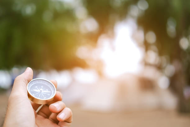 istock holding compass on tree mountain and sea blurry background. Using wallpaper or background travel or navigator image. 2185359097
