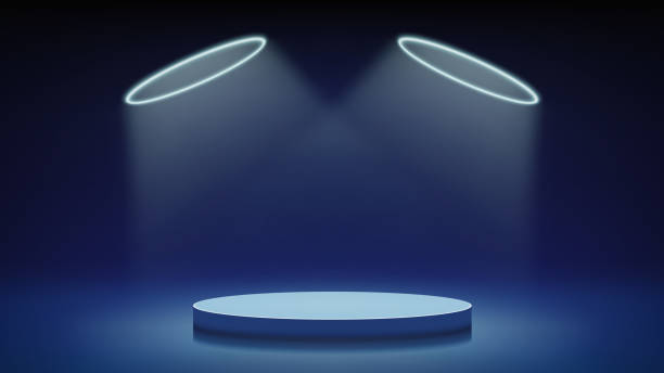istock Futuristic dim blue stage, podium. Blue room with round podium pedestal illuminated by circular neon, led halo. Background for displaying products, presentation. Backdrop. Showcase. Vector 2185360768