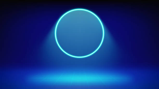 istock Futuristic stage blue background. Room illuminated by circular cyan neon, modern led halo spotlight, grid floor. Backdrop for displaying products, presentation, advertising. Showcase. Vector 2185360821