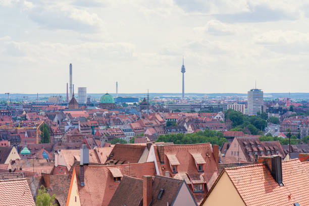 Elevated view of Nuremberg cityscape featuring Altstadt (Old City) district and TV Tower in the background