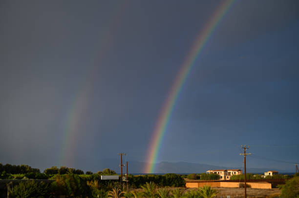 Rainbow with rainclouds.