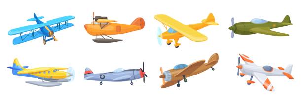 Old retro planes. Vintage plane transportation, aeroplane biplane sport civil or military aviation historic air vehicles propeller aircraft flight cartoon neat vector illustration original artwork