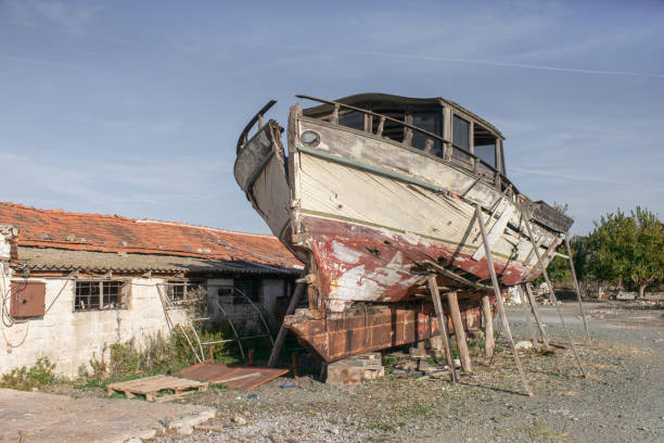 Metal wreck of a ship washed ashore