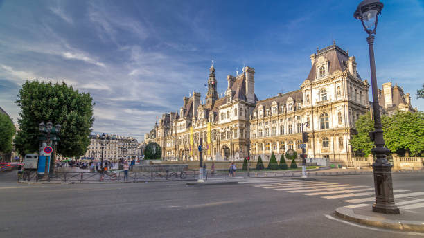 istock Hotel de Ville or Paris city hall timelapse hyperlapse in sunny day. 2185376154