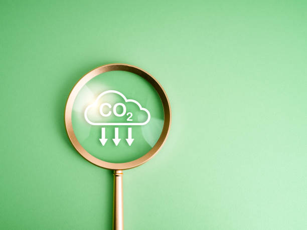 istock Environmental sustainability, Net zero carbon dioxide reduction concept. Co2 emission reduction icon, focused in magnifying glass lens on green background with copy space, minimalist style. 2185379720