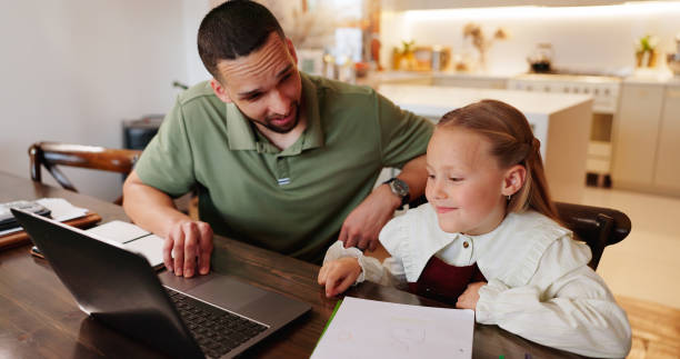 istock Homework, dad and girl with laptop, help and education with elearning, knowledge and learning. Child development, family and parent with father, daughter and computer for studying, advice and support 2185380352