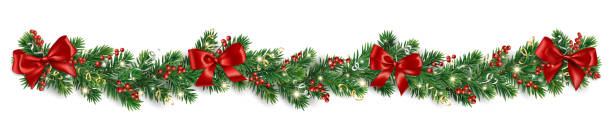 istock Christmas tree garland. Realistic pine tree branches with red bow and ribbons. Decoration for holiday banners, party posters, cards, headers, social media. Transparent background in vector file. 2185381958