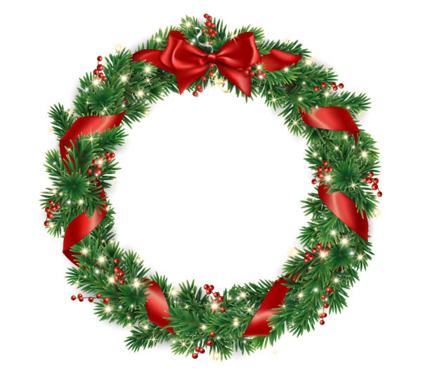 istock Christmas tree wreath. Realistic pine tree branches with red bow and ribbons. Decoration for holiday banners, party posters, cards, headers, social media. Transparent background in vector file. 2185381978