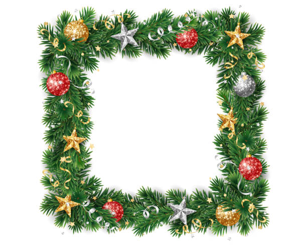 istock Christmas square wreath with red and gold glitter ornaments. Christmas tree decoration. Holiday fir tree garland. Festive winter season frame, spruce branches. Transparent background in vector file. 2185382122