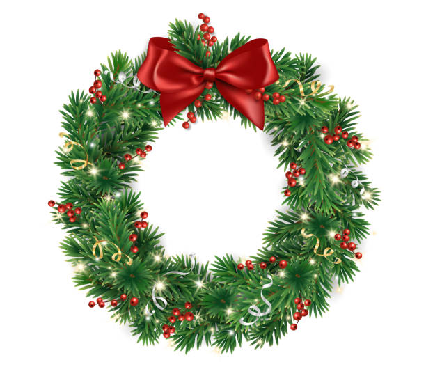 istock Christmas tree wreath. Realistic pine tree branches with red bow and ribbons. Decoration for holiday banners, party posters, cards, headers, social media. Transparent background in vector file. 2185382160