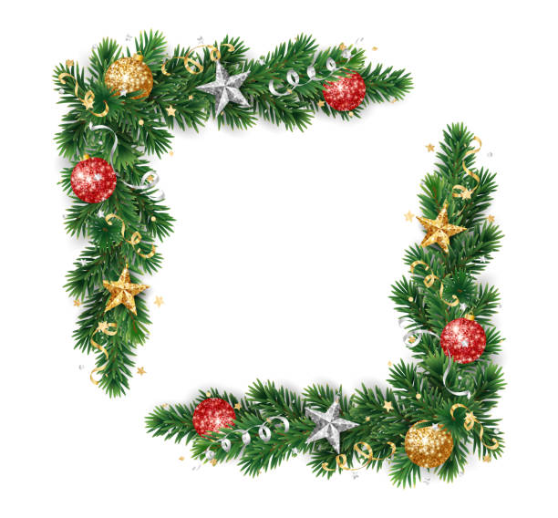 istock Christmas square wreath with red and gold glitter ornaments. Christmas tree decoration. Holiday fir tree garland. Festive winter season frame, spruce branches. Transparent background in vector file. 2185382230