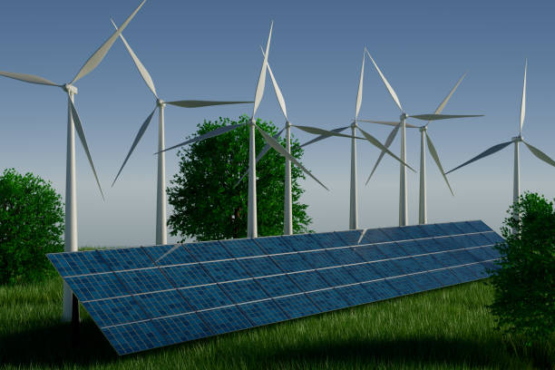 istock Renewable energy sources featuring wind turbines and solar panels in a green landscape. 3d rendering 2185385315