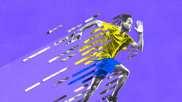 istock Contemporary art collage. Black and white runner in dynamic pose, with yellow and blue motion lines extending across purple background. 2185387187