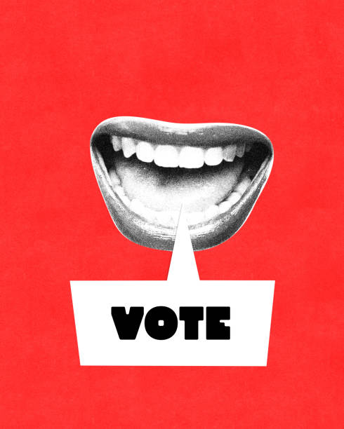 Contemporary art collage. Black and white open mouth speaking word VOTE inside white speech bubble against red background.