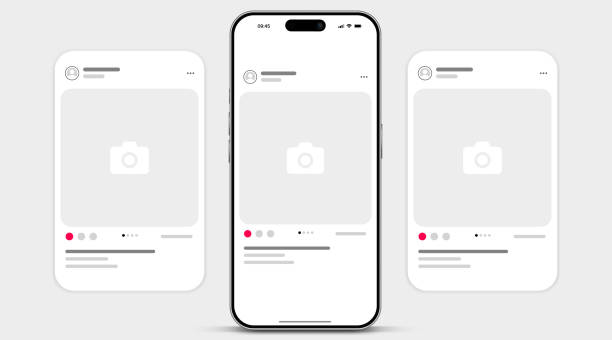 ilustraciones, imágenes clip art, dibujos animados e iconos de stock de social media carousel post template mockup. mobile app interface with blank pictures, editable posts. scroll frame pages, social media photography. - phone mockup