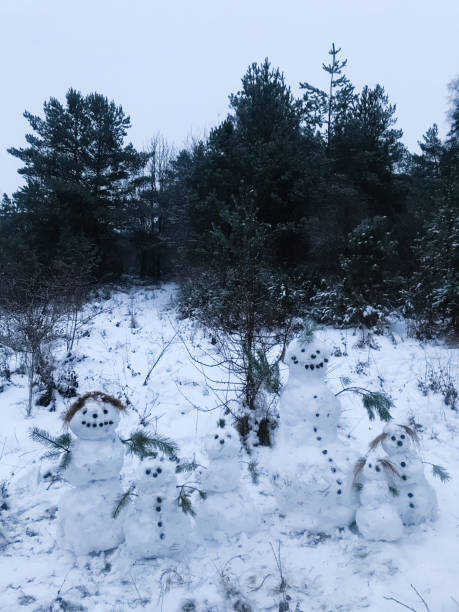 Man enjoy winter walk in nature in snowy fog mountain. Found snowman in the field.