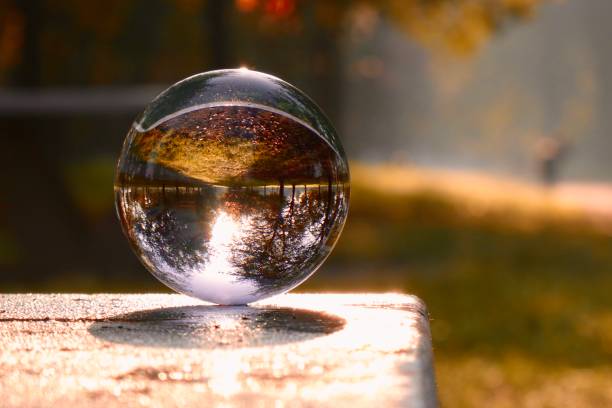 istock Crystal ball on wooden table in park during sunrise 2185398681