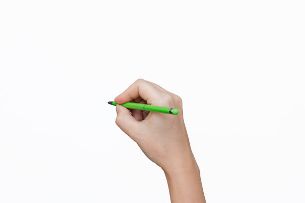 istock A female hand holding a green pen simulating writing isolated on a white background 2185402937