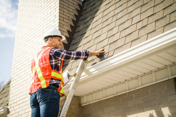 istock man with hard hat standing on steps inspecting house roof 2185404715