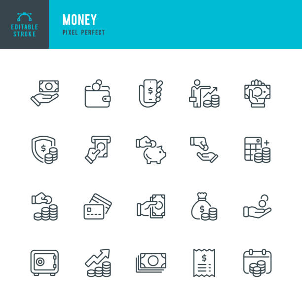 illustrations, cliparts, dessins animés et icônes de argent - ensemble d’icônes vectorielles de ligne mince. pixel parfait. trait modifiable. l’ensemble contient des icônes : billets de banque, pièces de monnaie, portefeuille, finance, banque mobile, tirelire, carte de crédit, boîte de dépôt, sac - argent