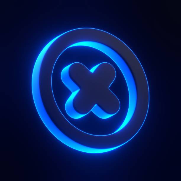 A glowing blue cross symbol inside a circle, illuminated against a dark background, representing rejection, denial, or cancellation. 3D icon, sign and symbol. 3D render illustration