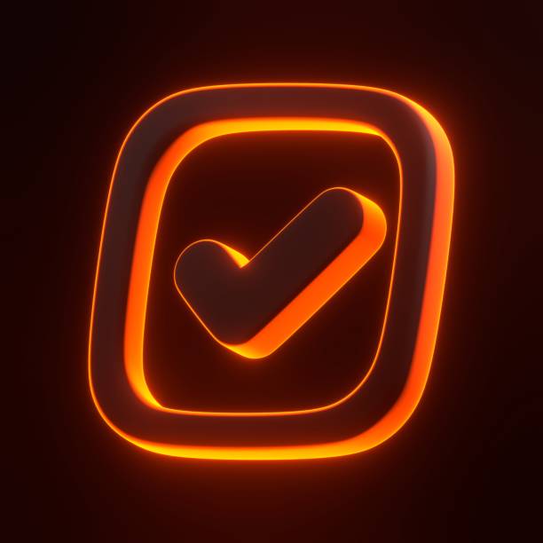 Glowing Orange Neon Check Mark Icon on Dark Background