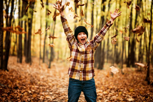 A Child boy having fun on Autumn Forest