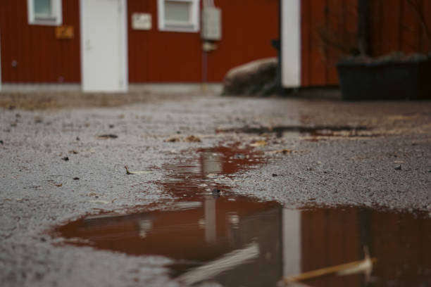 Close up of a puddle on front of a building