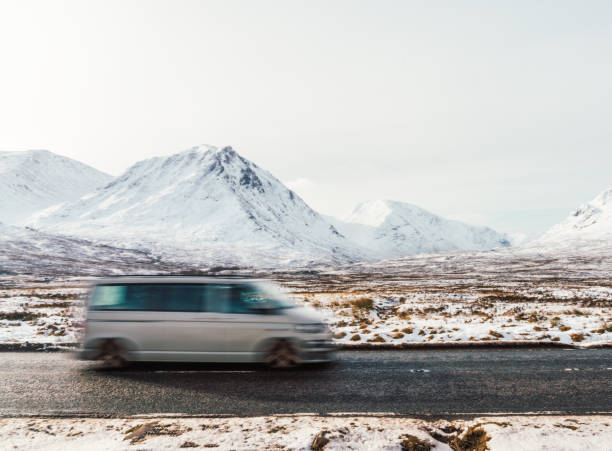 Campervan passing Glencoe in winter