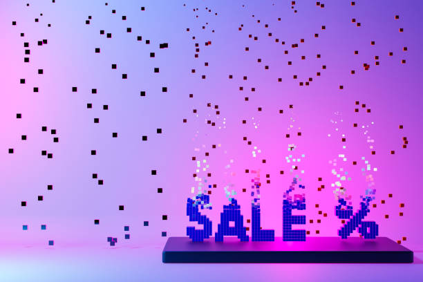 Dynamic 3D pixelated text SALE with floating digital particles against gradient pink and blue background. Perfect for technology-themed promotions, online sales, or futuristic marketing campaigns.