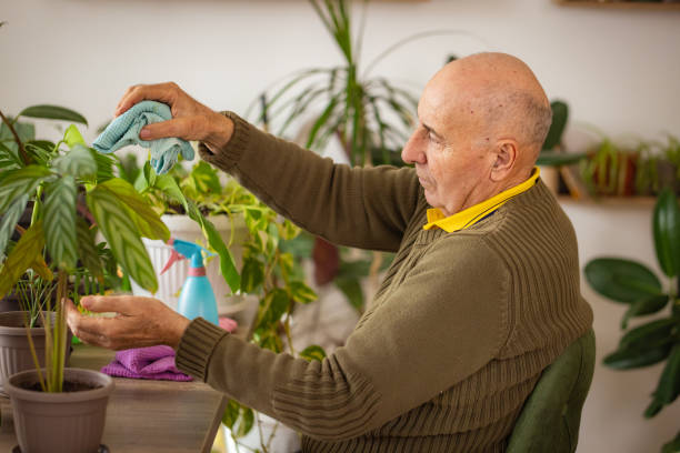 istock Retired Man Spraying Water on Plants 2185419555