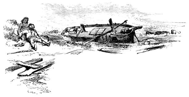 Two sailors shipwrecked on a deserted island. Vintage etching circa 19th century.