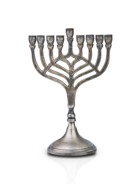 Classic silver vintage menorah on white isolated background with clipping path. Element for design. Happy Hanukkah background. Religion image.