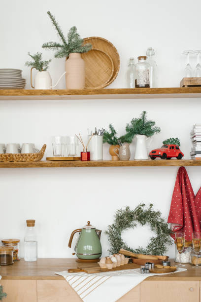 istock winter kitchen with red and turquoise decorations, Christmas kitchen utensils in the Scandinavian style 2185425630