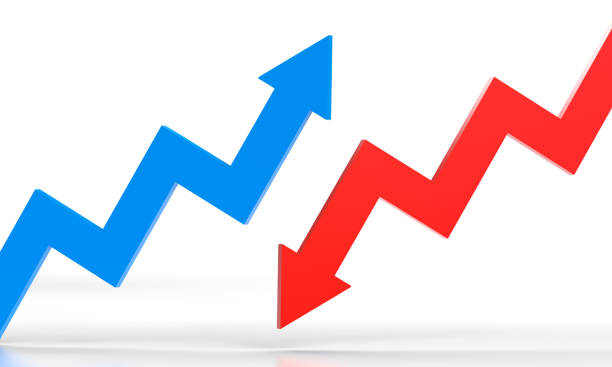 Blue arrow going up and red   down representing market volatility