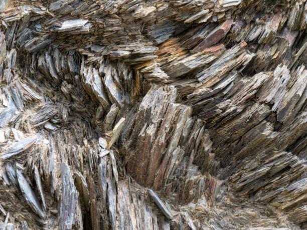Stone layers close-up, stone background. Compressed rock layers formation in various colors and thicknesses. Nature and Geological science concept. The close-up relief of the rocks layers