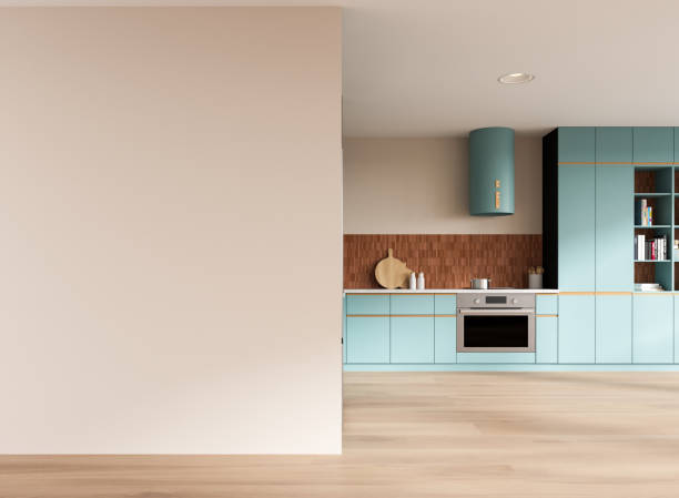 istock Elegant blue home kitchen interior with cooking space. Mockup wall 2185431186
