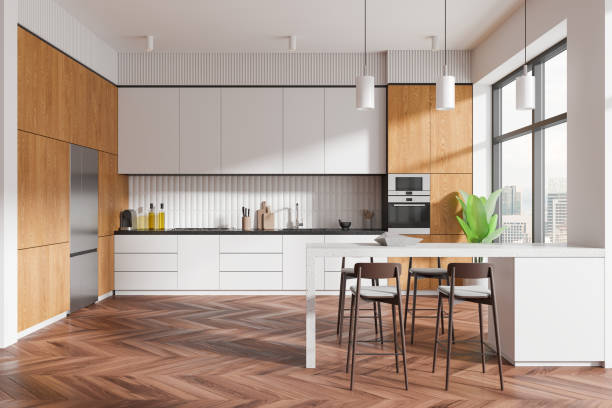 istock Modern kitchen interior with wooden and white cabinets. 3D Rendering 2185431209