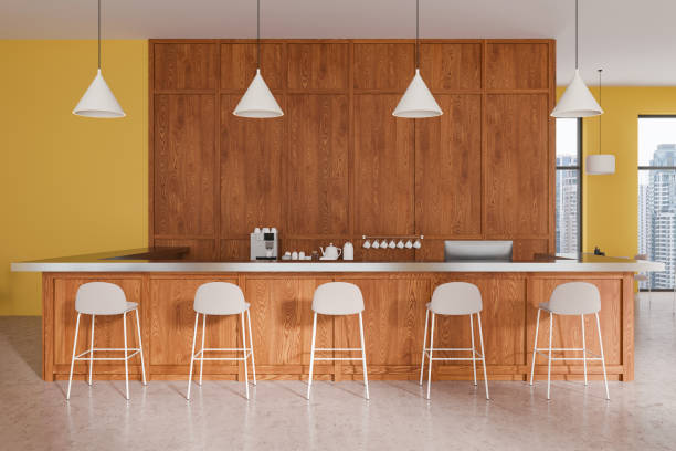 istock Modern kitchen interior with wooden bar and yellow walls. 3D Rendering 2185431484
