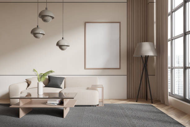 istock Beige home living room interior with sofa and coffee table, window. Mockup frame 2185431497