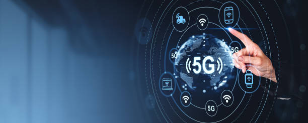 istock Businessman finger touch 5G glowing icons, high speed internet. Copy space 2185431553