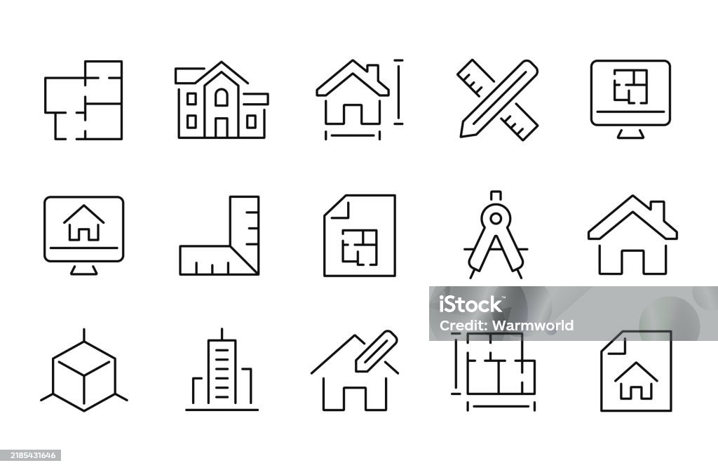 Architecture thin line icons set. Plan, blueprint, building, project symbol. Editable stroke. Vector - Royalty-free Simge Vector Art Architecture thin line icons set. Plan, blueprint, building, project symbol. Editable stroke. Vector - Royalty-free Simge Vector Art