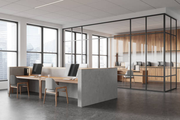 istock Modern office interior with coworking and glass meeting room, window 2185431934